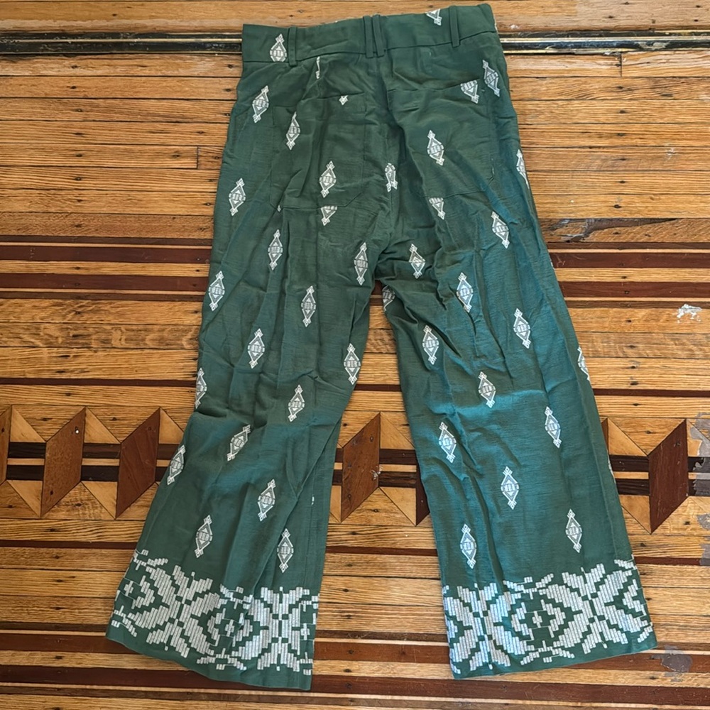 Zara Women Green High Waist Embroidered Detail Wide Leg Linen Pant